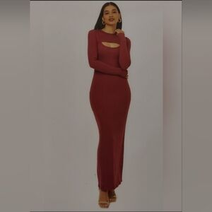 Elegant Burgundy Long Sleeve Peekaboo Cut Out Maxi Dress